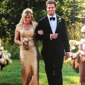 Dress by Herve Leger. Lora Woodgrain Foil Print.